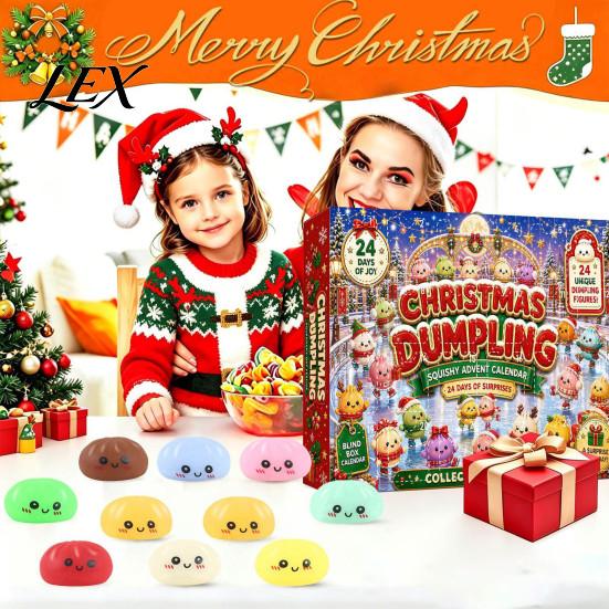 Steamed Bun Countdown Box Christmas Cartoon Dumpling Gift Box, Xmas Advent Calendar with 24 Stress Toy Relief Squeeze Toys, Days Merry