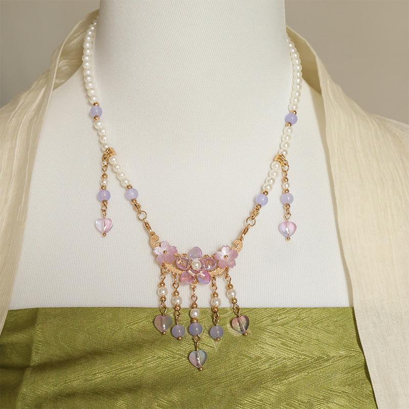 GEMCHIC Women s New Chinese Style Hanfu Yingluo Necklace Imitation Pearl Tassel Pendant Purple Floral Necklace