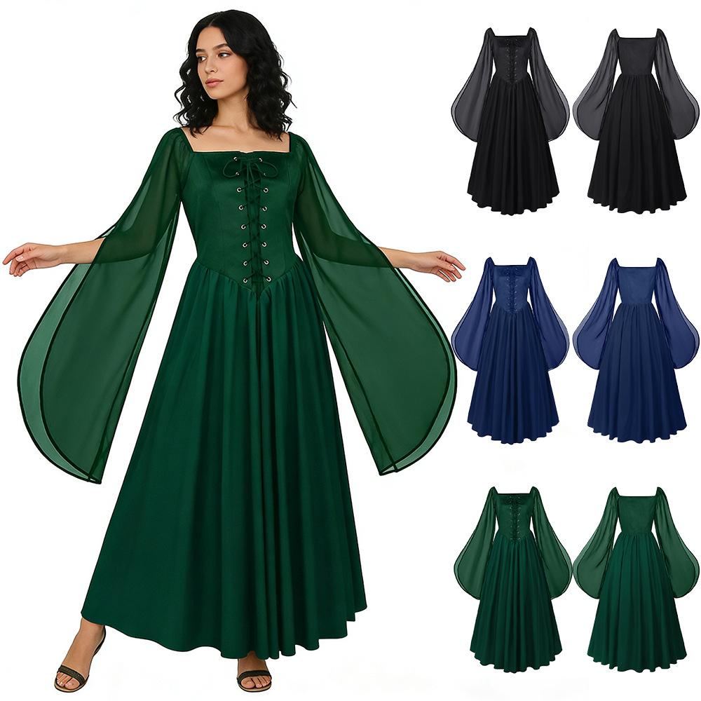 Renaissance Women's Pirate Dress Slit Flared Sleeves Medieval Fairy Costume Vintage Long Gown for Halloween Less