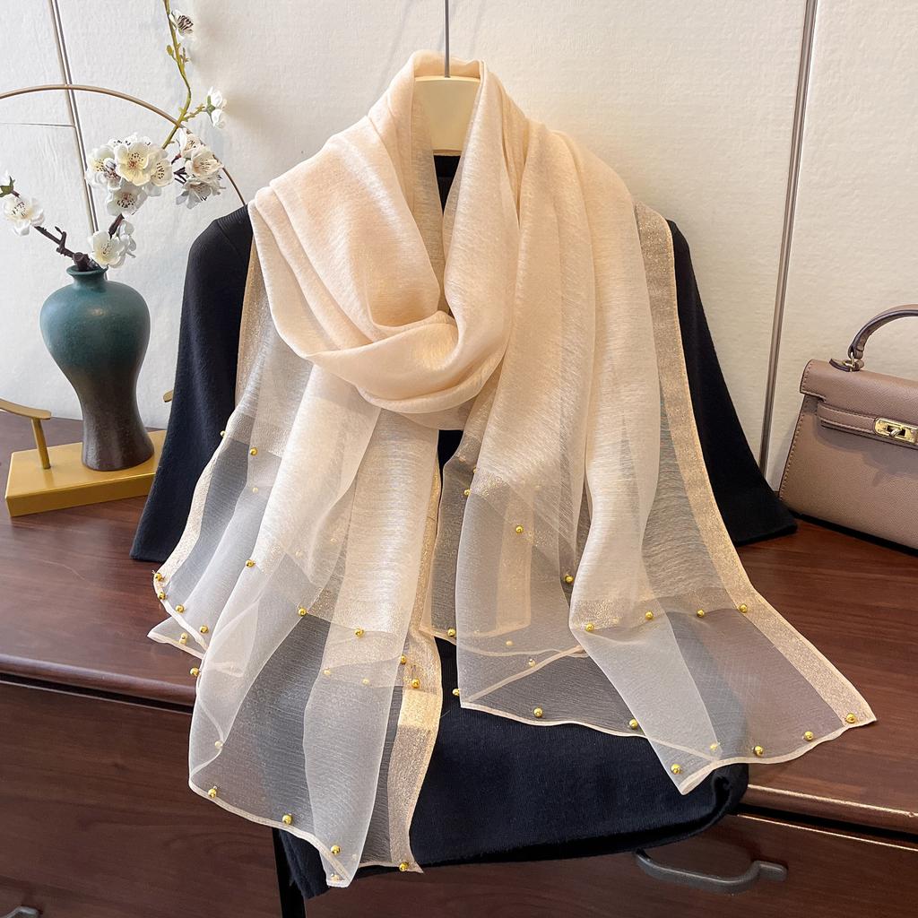 New Spring and Summer Thin Gold-edged Beaded Scarf Scarf for Women Solid Color Versatile Shawl Korean Version of Imitation Silk Long Silk Scarf