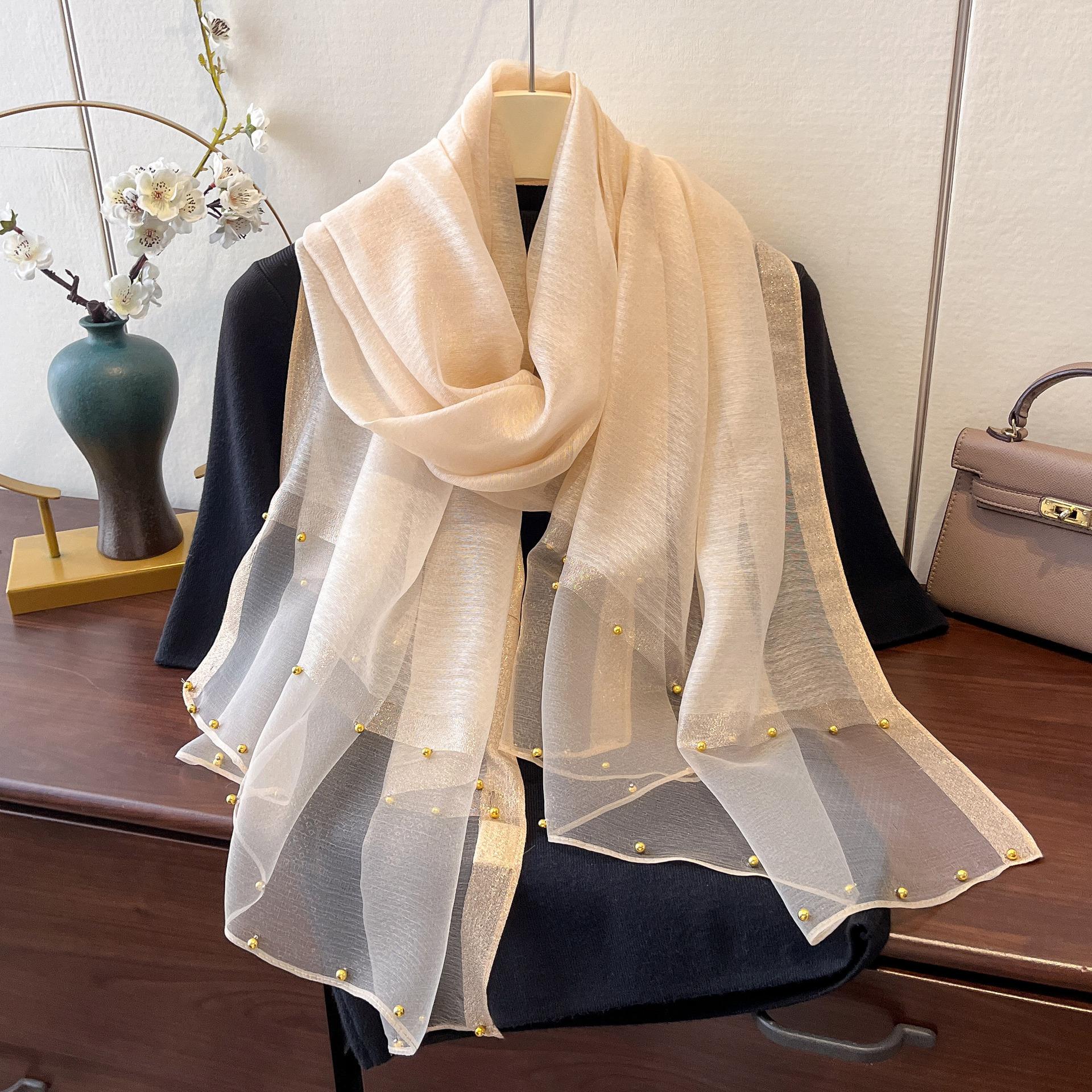 

Новый весенне-летний тонкий шарф с золотым краем и бусинами, шарф для женщин, однотонная универсальная шаль, корейская версия искусственного шелка, длинный шелковый шарф 180*70cm