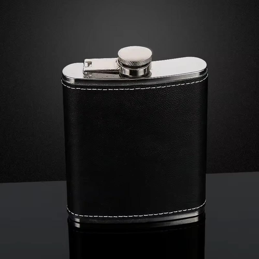 Stainless Steel Flagon with Funnel and Cups Whiskey Flasks Leather Texture Hip Flask Outdoor