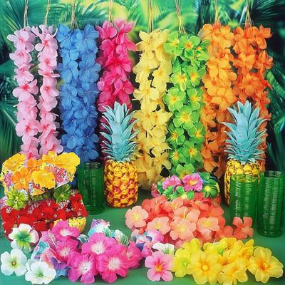 70 Pcs Hawaiian Leis Luau Party Decoration Artificial Tropical Palm Leaves Hibiscus Flowers Hula Dance Party Favors for Beach Pool Party Supplies