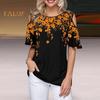 Damen T-Shirt Rundhalsausschnitt Kalte Schulter Kurzarm T-Shirt Lockere Passform Blumendruck Lässiges T-Shirt Für Den Alltag