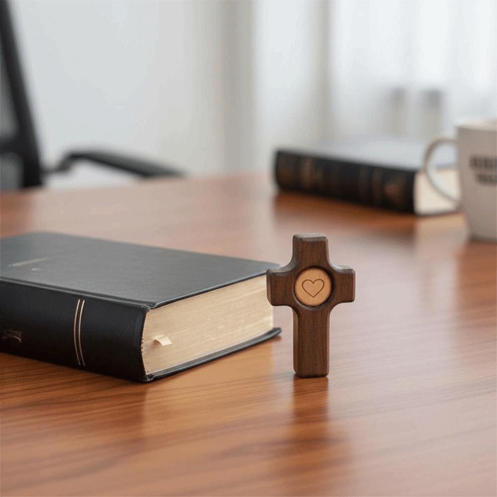 2 Piece Black Walnut Easter Pocket Cross Heart Pattern Pocket Stress Fidget Cross Christian