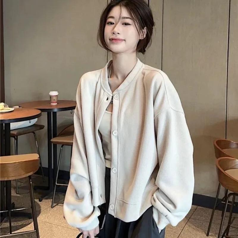 Korean Fashion Versatile Baseball Uniform Sweatshirt Jacket for Women Spring and Autumn Loose Stand-up Collar Cardigan Top