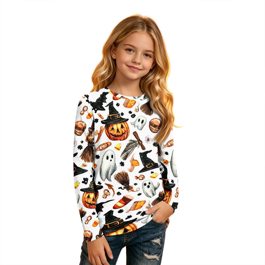 Children's Halloween Print Long Sleeve Neck T-Shirt for Boys Girls
