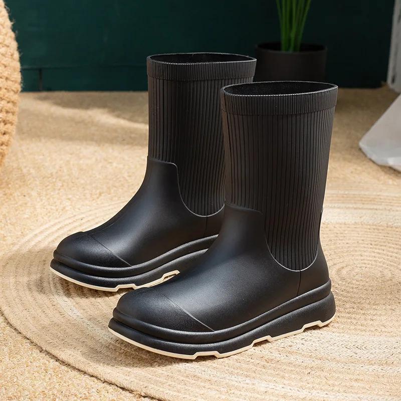 Women Rain Boots Fashion Mid Calf Rubber Boots Waterproof Garden Boots for Women Winter Warm Cotton Rainboots Botas Lluvia Mujer