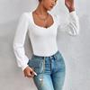 Women's White Ribbed Long Sleeve Bodysuit Square Neck Lace Trim Puff Sleeve Slim-Fit Casual Daily Top