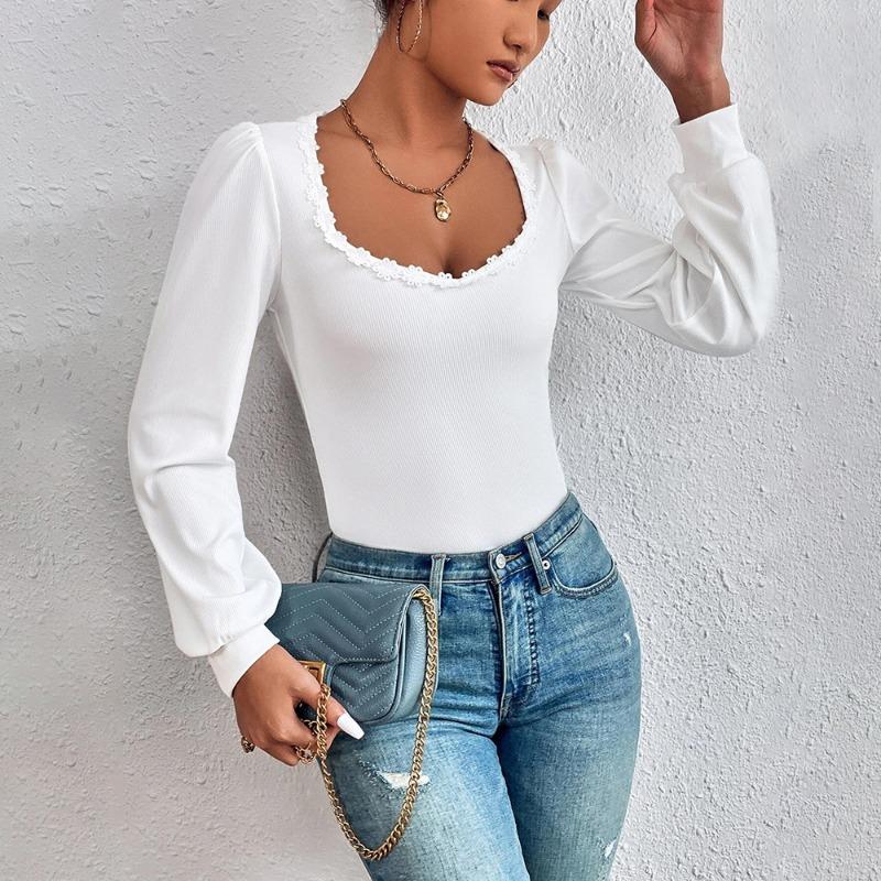 

Women s White Ribbed Long Sleeve Bodysuit Square Neck Lace Trim Puff Sleeve Slim-Fit Casual Daily Top S білий