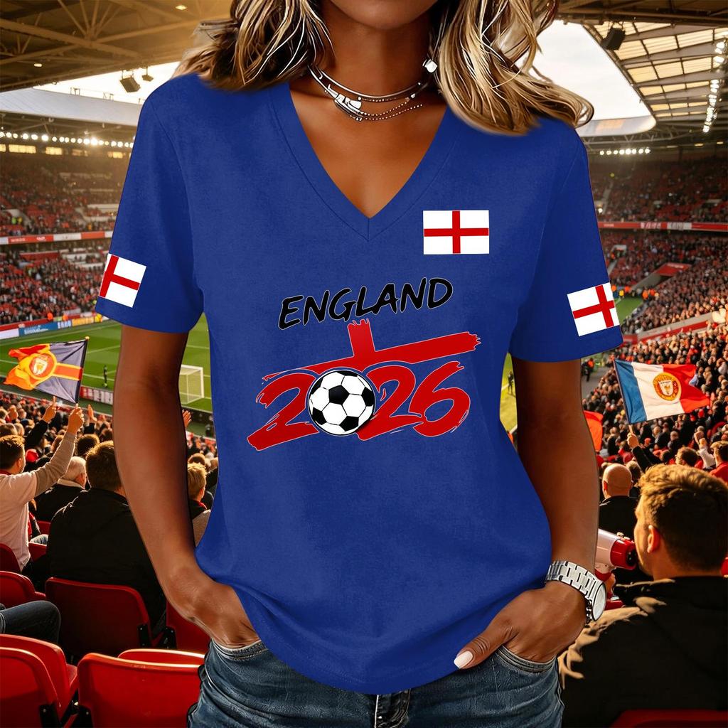 Women's Casual V Neck Short Sleeve Pullover Top Football Flag Print Support Tee Shirt for Sports Events