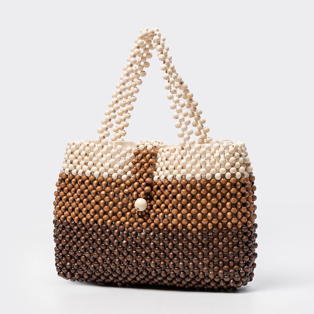 Handmade Wooden Bead Bag New Women's Contrasting Color Tote Bag Bohemian Beaded Hollow-out Reticulate Netted Beach Handbags