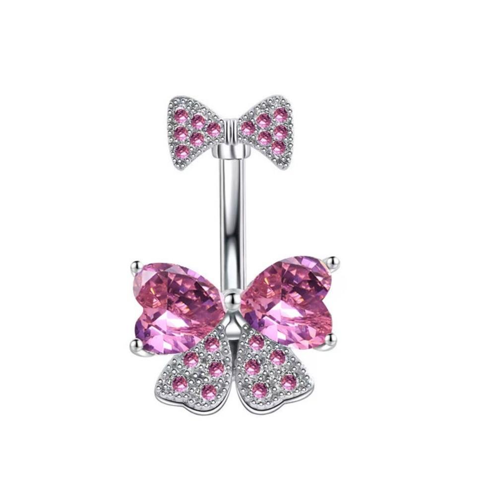Stainless Steel Navel Piercing Jewelry Crystal Pink Bow Belly Rings Cute Belly Button Rings  Daily
