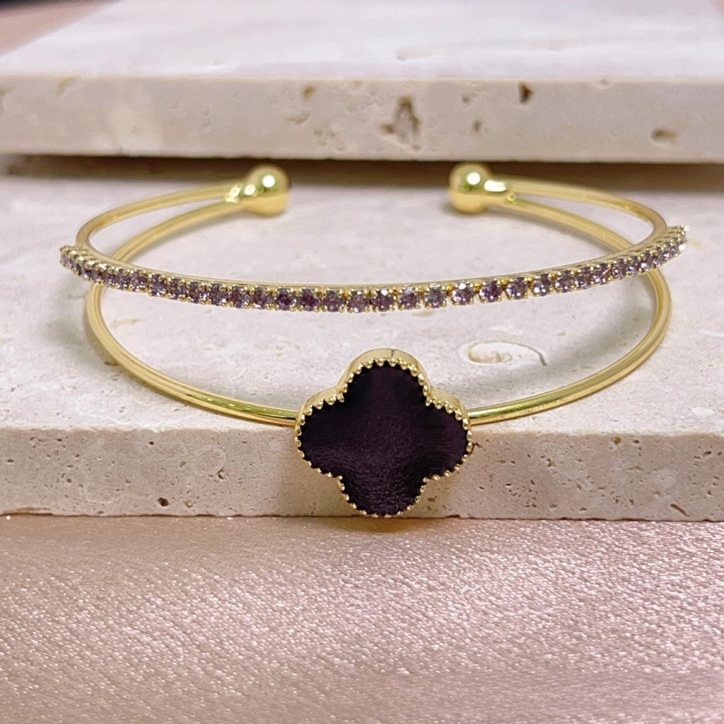 Brățară Premium Trifoi cu Patru Foi Zirconiu Strat Dublu Brățară cu Deschidere Ajustabilă Lux Non-Alergenic Brățară de Damă