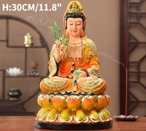 30CM/11.8"(H) Home Worship of Guanyin Buddha Temple Handmade Resin Guanyin Bodhisattva Household Ornaments Nanhai Guanyin God