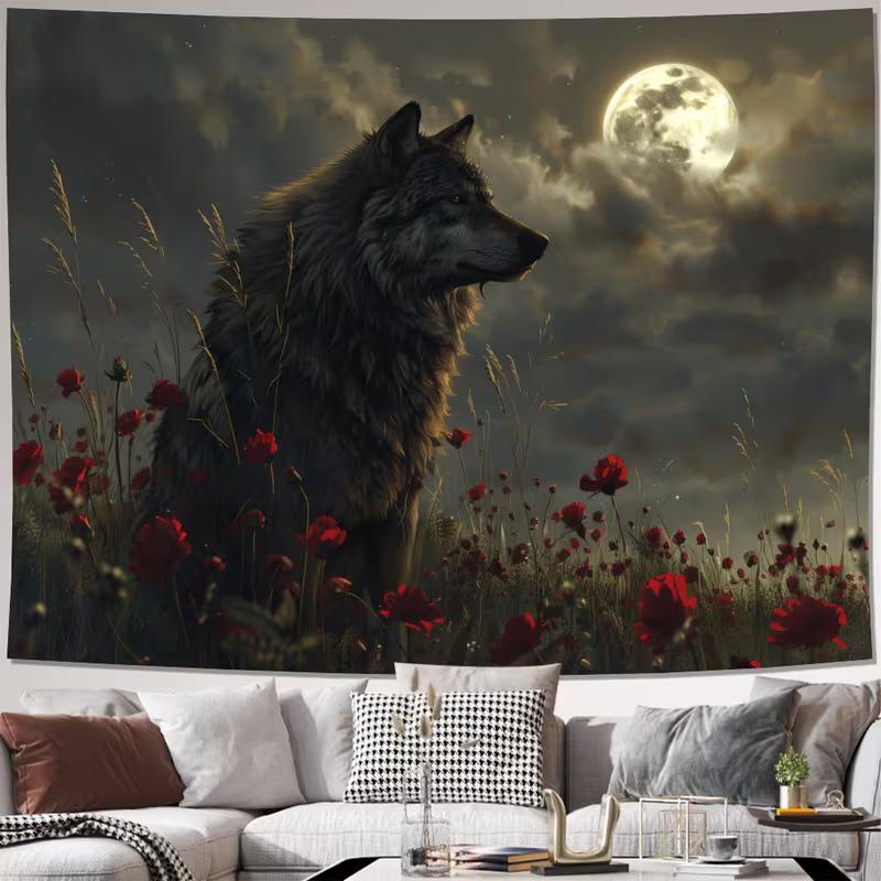 

2D Howling Wolf Night Tapestry, Full Moon & Poppy Flowers Wall Art for Home Decor 47.2x31.5inch/120*80cm