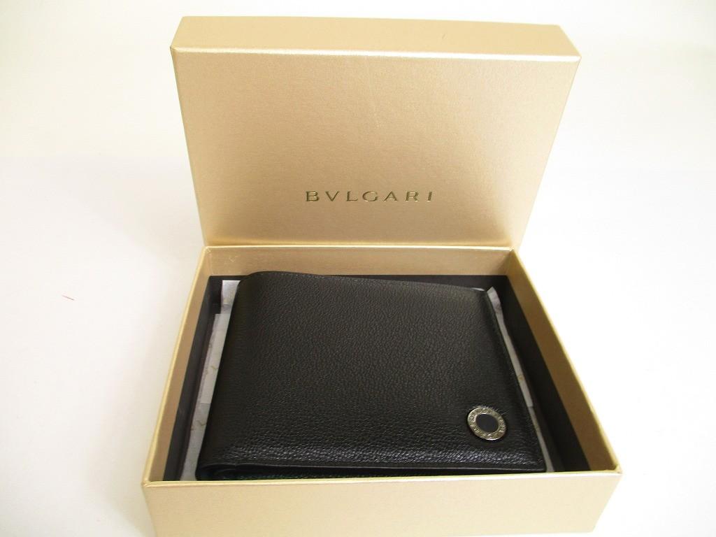 Authentic BVLGARI Black Emerald Green Leather Bifold Wallet Compact Wallet #a896  Refurbished