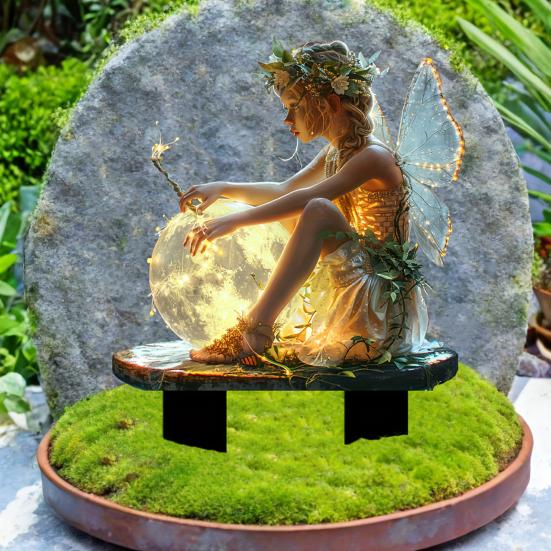 Blumenfee Gartenstab, 2D Flacher Acryl Leuchtender Ball Hofkunststab, Wasserdichte Fee Outdoor Dekoration für Rasen Blumenbeet Pflanzgefäß Dekoration