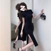 Chinese retro buckle improved cheongsam skirt children's high-end black dress summer waist split hip skirt