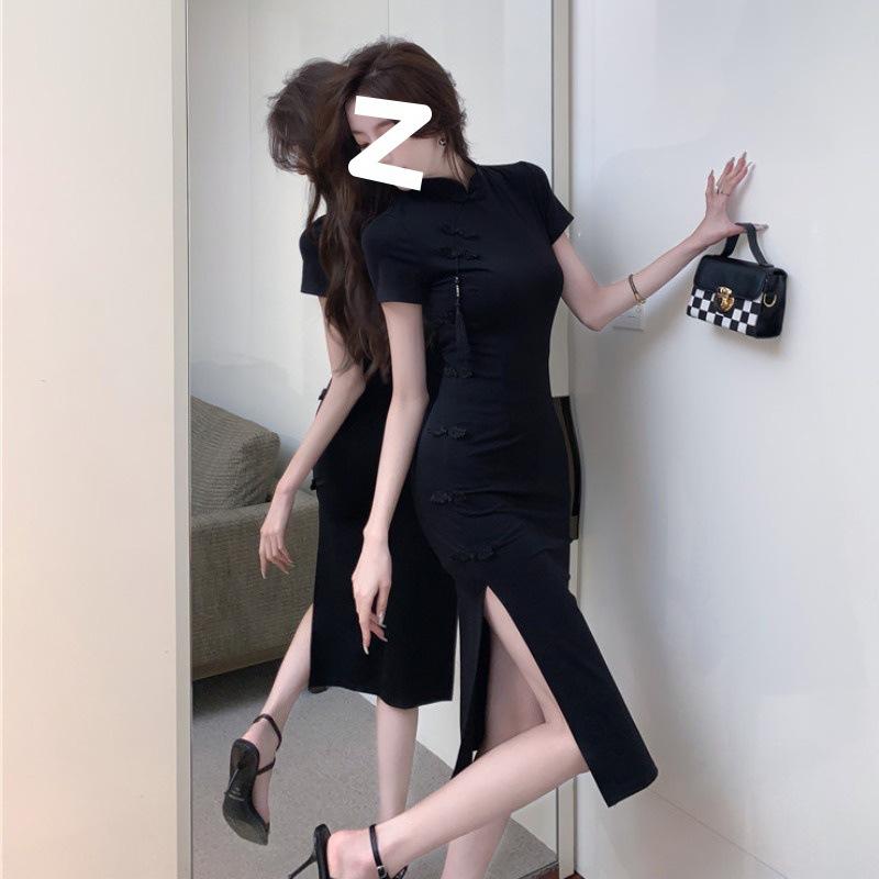 Chinese retro buckle improved cheongsam skirt children's high-end black dress summer waist split hip skirt