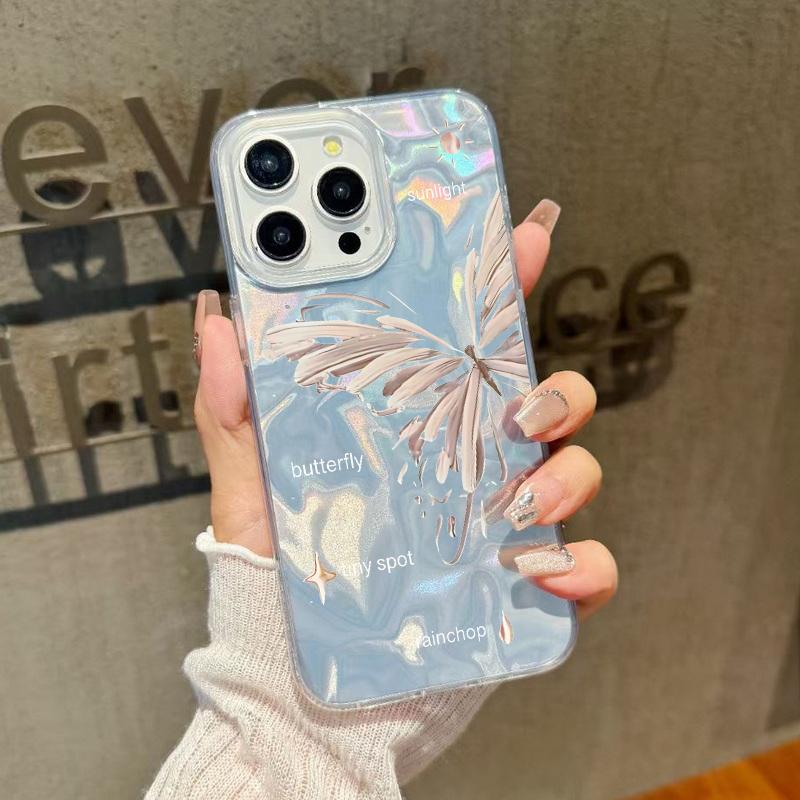 Carcasă de telefon subțire cu imprimeu de fluturi în culori solide, cu margini moi, pentru iPhone 16 Pro 15 Pro Max 14 13 12 11, cu sclipici, cu pene, rezistentă la șocuri, din PC rigid