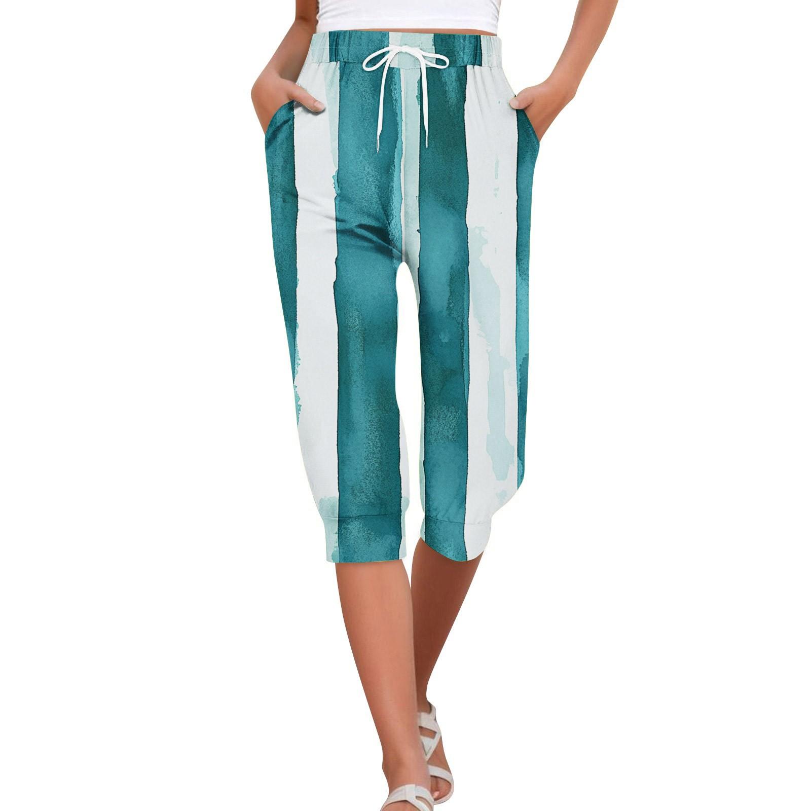 

Женские летние повседневные свободные укороченные брюки с гавайским принтом и карманами XL циан