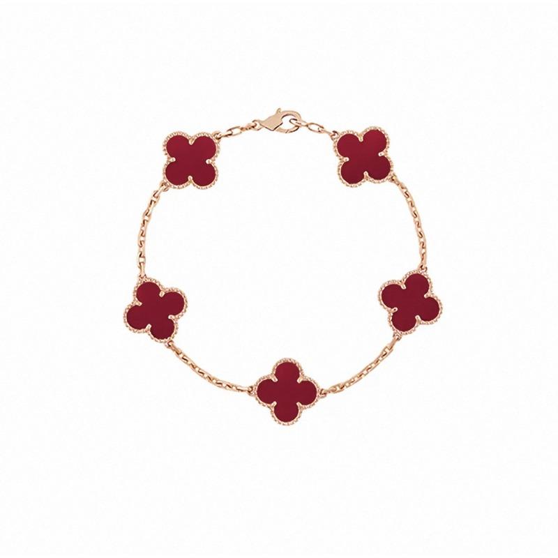 Four-leaf Clover Five-flower Bracelet for Women Rose Gold Lucky Clover Bracelet with White Mother-of-pearl and Red Agate Fashionable Bangle