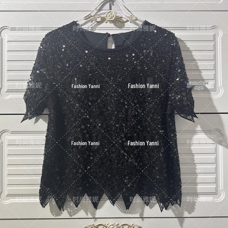 Versatile Sequin Beaded Short Sleeve Top - European & American Net Red Trend: Loose Fit & Slimming Round Neck for Women