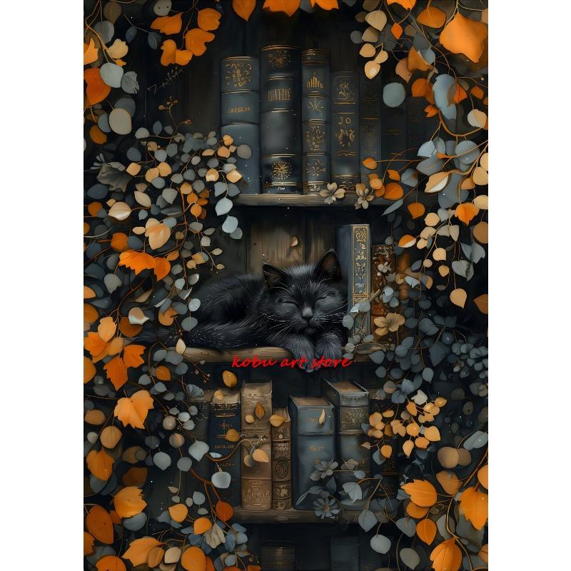 Vintage Sleeping Cat Antique Posters Canvas Printing Stack Books Lazy Cat Bookish Wall Art Picture for Library Home Room Decor