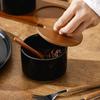 Ceramic Seasoning Jar with Wooden Spoon and Lid Kitchen Spices Storage