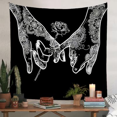 1pc Hand In Hand Rose Print Velvet Tapestry Soft Fashion Wall Hanging for Living Room, Bedroom, Home Decor, Polyester