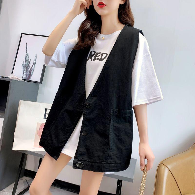 

Большой карман, однотонный женский жилет без рукавов, весенне-летний свободный повседневный жилет S чёрный