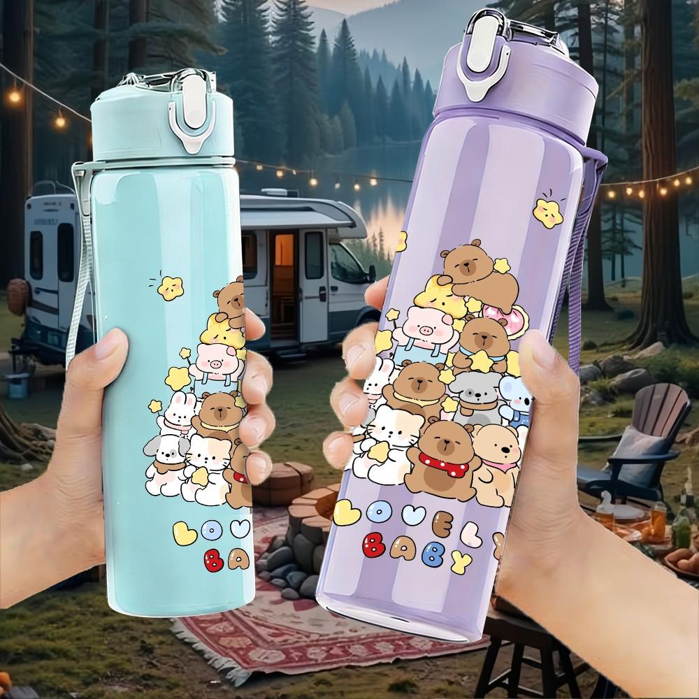 1PC Bear And Dessert Stack Print 750ml Color Plastic Sports Water Bottle Leakproof Flip Straw Lid Suitable for Sports Office Home Use
