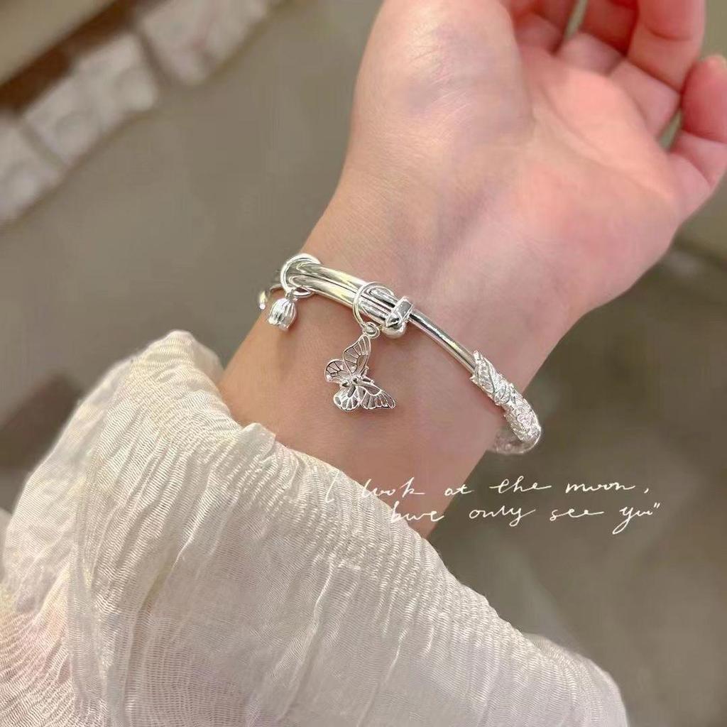 999.9 Pure Silver Bangle - Women's Sterling Silver Bracelet, Qixi Valentine's Day Gift for Wife or Girlfriend