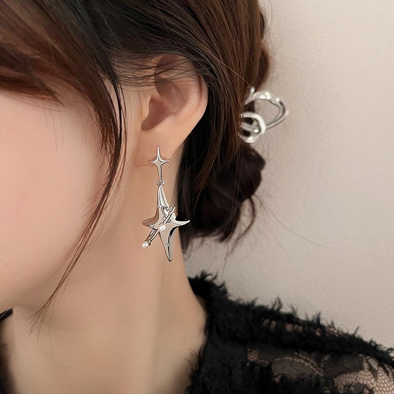 Simple Silver Color Star Earrings for Women Pearl Surround Planet Drop Earrings Punk Y2K Cute Daily Wear Jewelry Party Gifts
