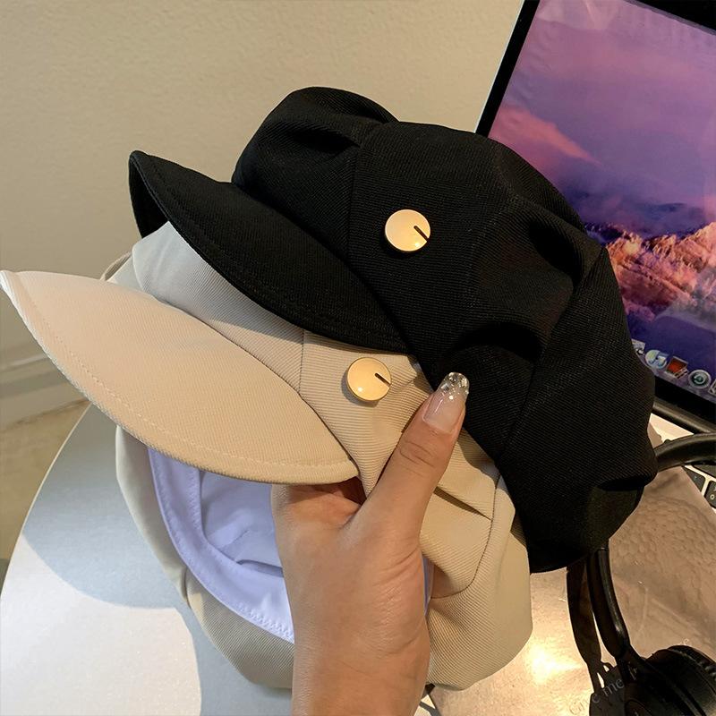 Black Pleated Beret for Women  Spring and Autumn Korean Version Versatile Face-showing Small Cloud Hat Retro Large Head Circumference Octagonal Hat