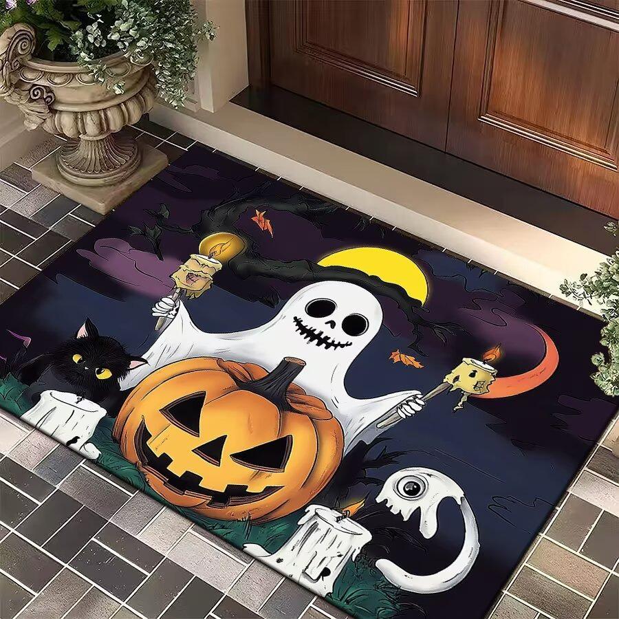 Halloween Cartoon Geisterkürbis Schwarze Katze Muster Fußmatte Rutschfester Teppich für Eingangsbereich Halloween Party Dekoration