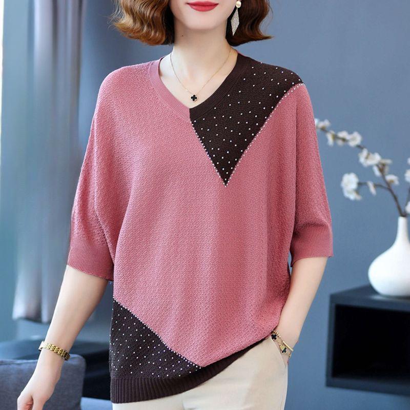 Women's Spring and Summer Plus Size V-neck Blouse Loose Ice Silk Bat Sweater T-shirt Women