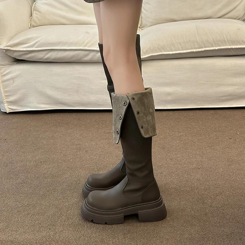 

Зимние женские сапоги выше колена 2024 года, однотонные слипоны для женщин, элегантные сапоги на толстой подошве, короткие плюшевые женские туфли 39 хаки