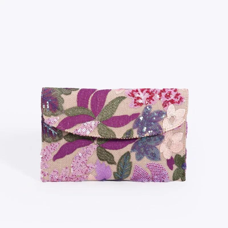 Ladies' Cotton and Linen Envelope Bag Sequin Embroidery & Floral Pattern Dual-Use as Evening Party Handbag & Daily Casual Wallet