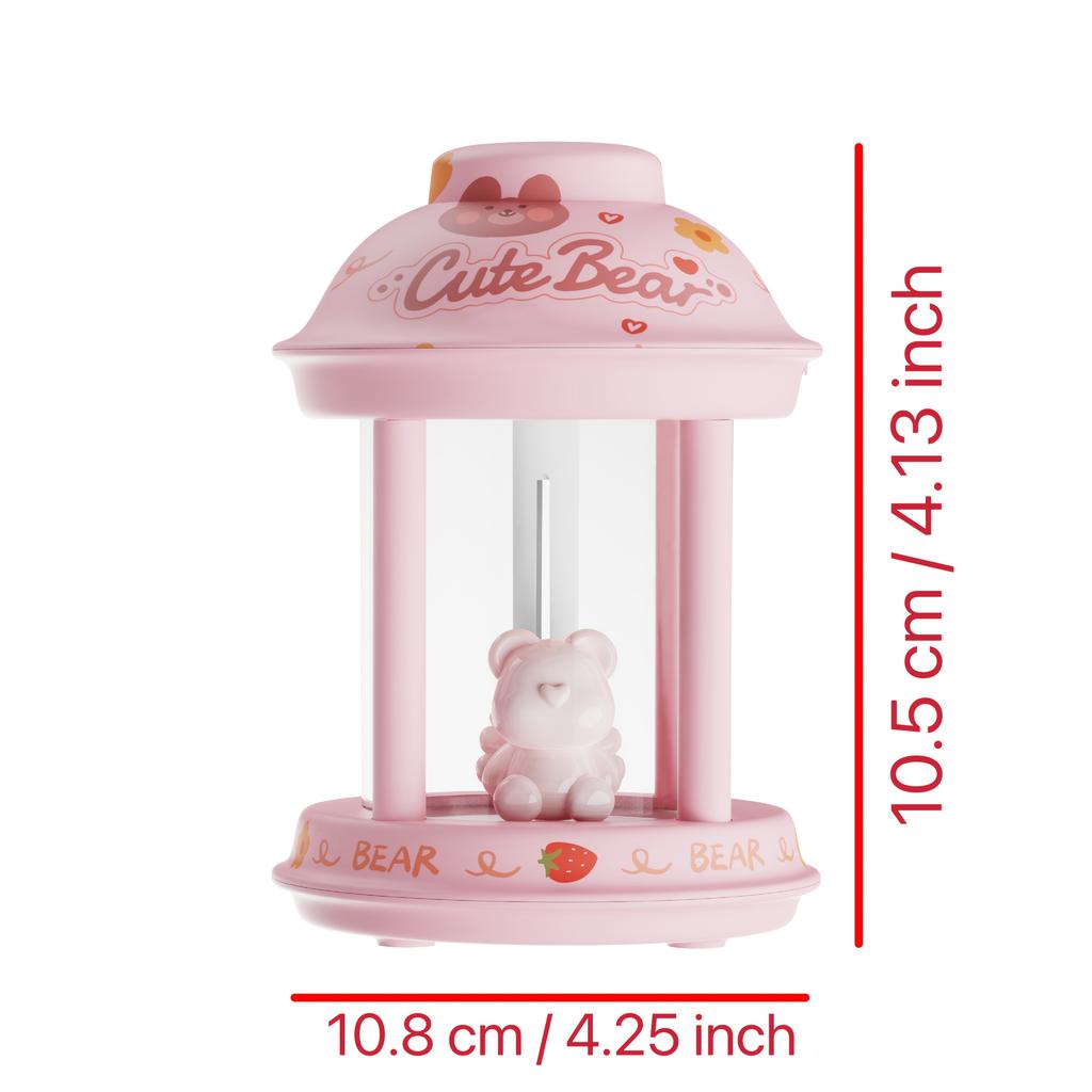 Cute bear pet themed humidifier with warm rainbow ambient light, USB powered, silent noiseless aromatherapy, with night light