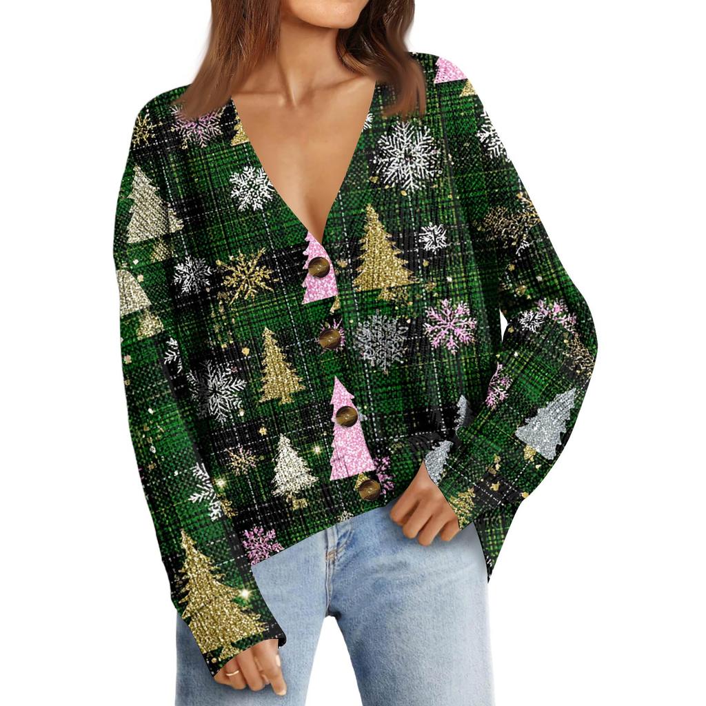 Women's Fashion Long Sleeve Christmas Print V-Neck Button Loose Cardigan Top