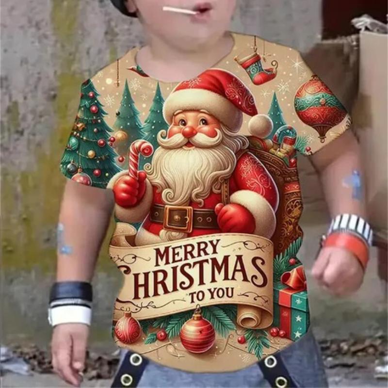 Tricouri de Anul Nou pentru Copii cu Imprimeu Moș Crăciun Băieți Top Confortabil de Modă Mânecă Scurtă