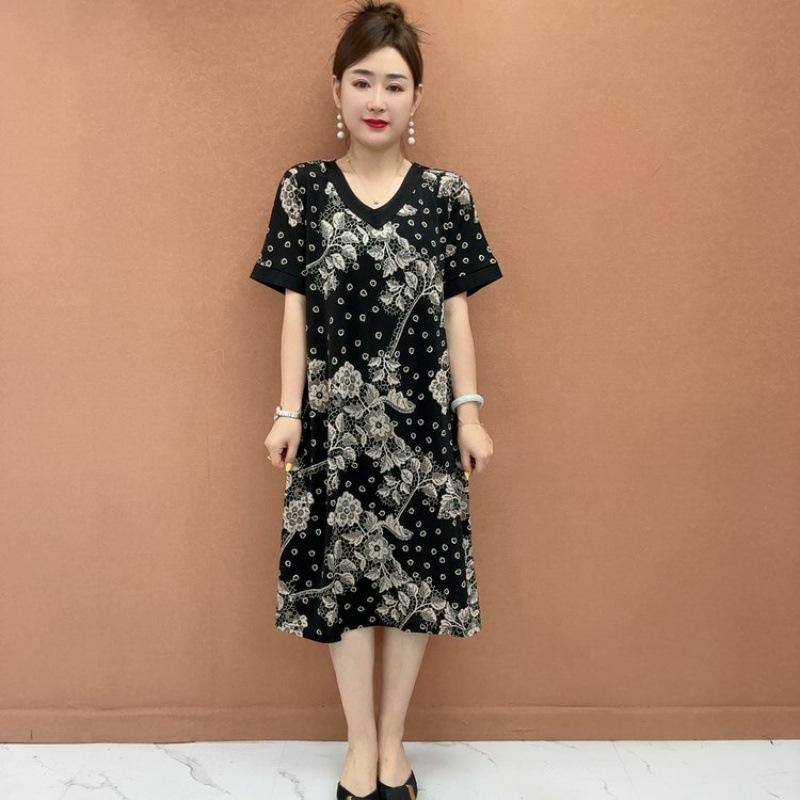 Summer Fat Loose Look Slimming Medium To Long Short Sleeve Knee Over Dress 3XL