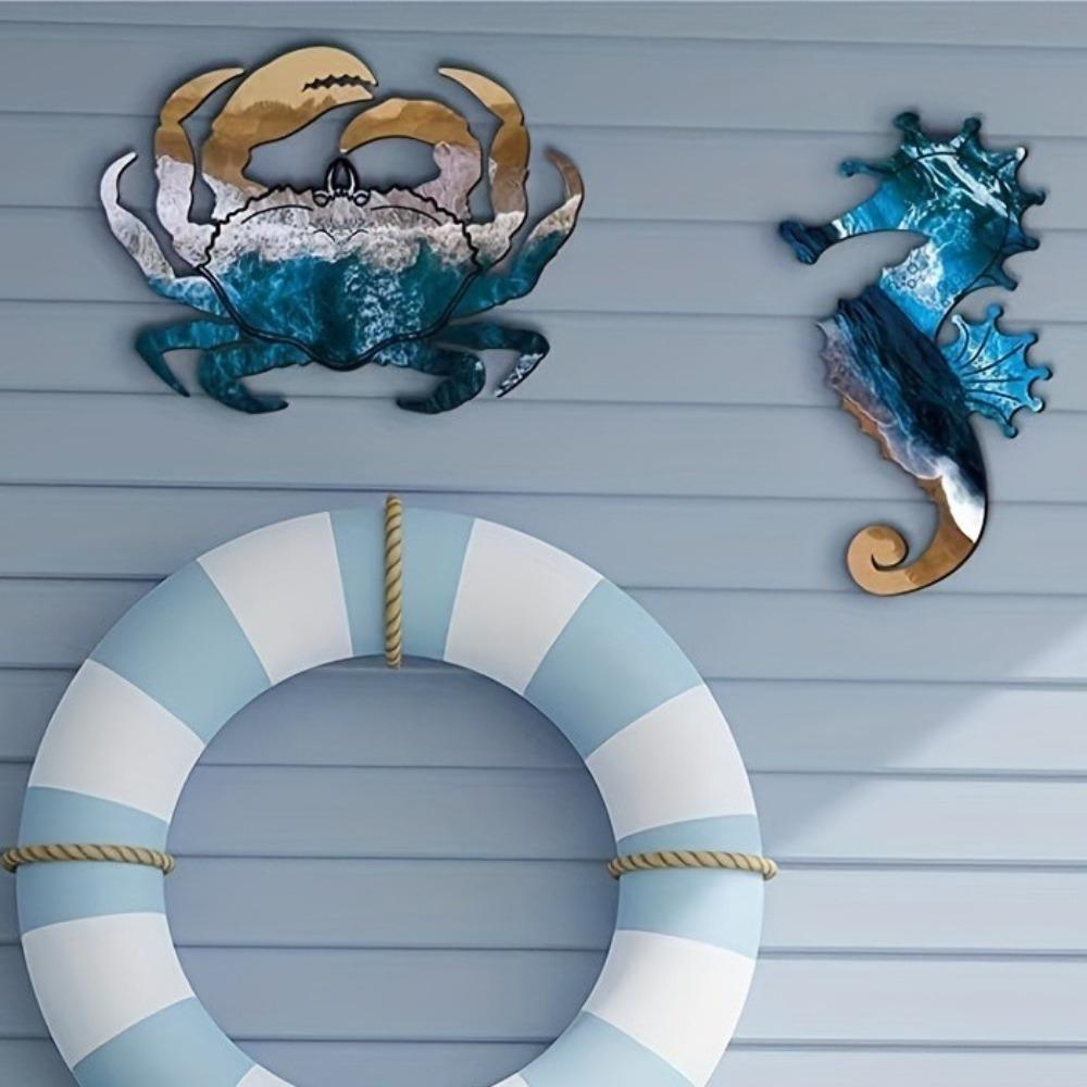 4pcs Mediterranean Style Wooden Sea Hanging Ornaments Seahorse Crab Beach Pendant  Beach House