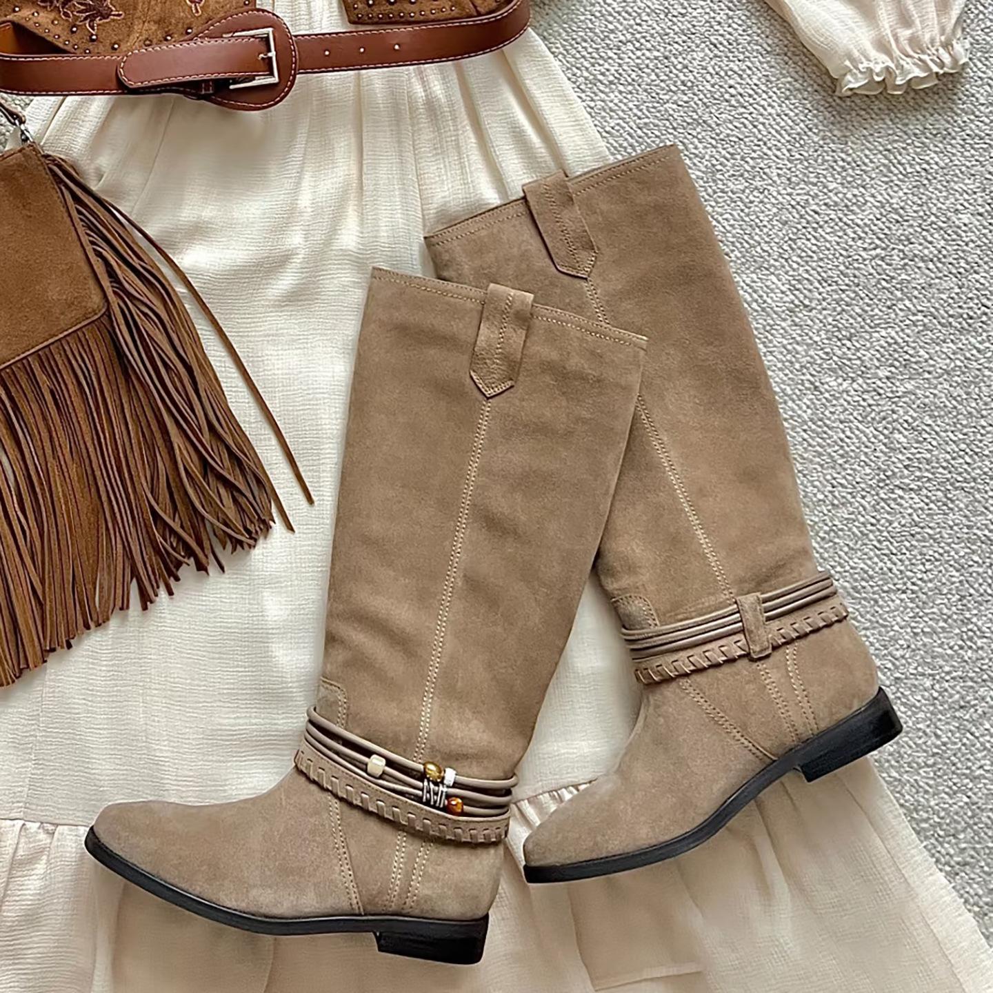 

Cowhide version~ Leather round head retro western cowboy boots women s wandering pastoral long tube stacking boots versatile knight boots 40 хаки