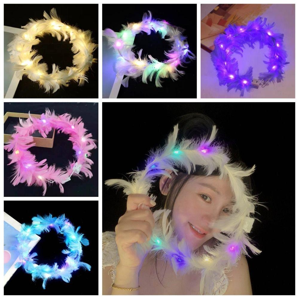 Glow LED Feather Headband New Year Women Hairband Sweet White Feather Luminous Garland  For Girls