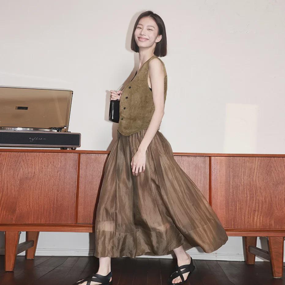 Spring/Autumn Women's Vest Suit: Silk Linen Blend with Jacquard, Long Midi Skirt B0203