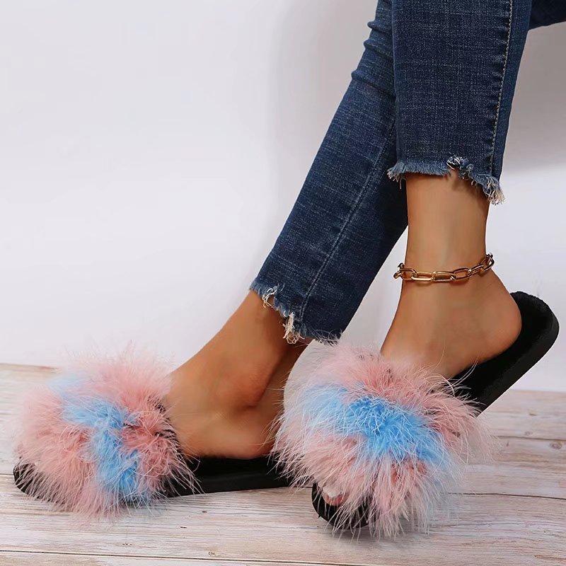Fashion Fashion Colorful Flat Heels Soft Fur Slides Plus Size 43 Sexy Patchwork Long Plush Slippers Women Women Slip On Outdoor Slippers