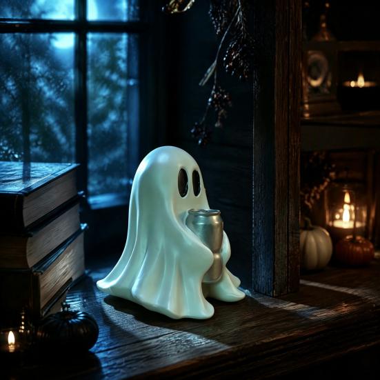 Compact Ghost Statues Halloween Figurine with Drinks, Resin Statue, Cute Spooky Desktop Durable Holiday Ornaments Ornament for Party Tabletop